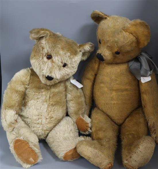 A large Chad Valley bear, 28in., in dirty condition, hair loss, generally damage to pads, and a Chiltern Hugmee 1950s bear, 24in., exc